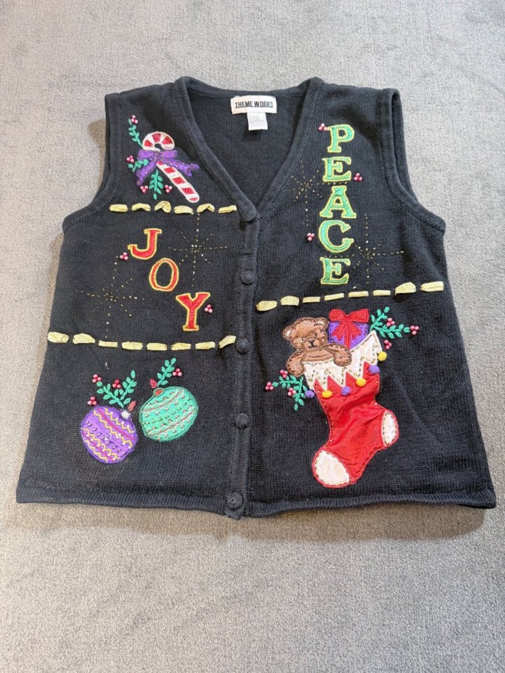 Ugly Christmas Sweater Vest Women's Large Black Beaded Stocking Candy Cane Knit
